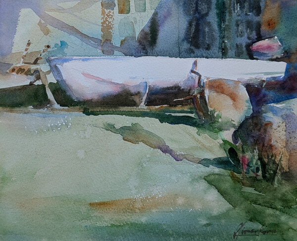 In the Backyard — Plen air painting of a boat in a backyard, The Dalles, Oregon